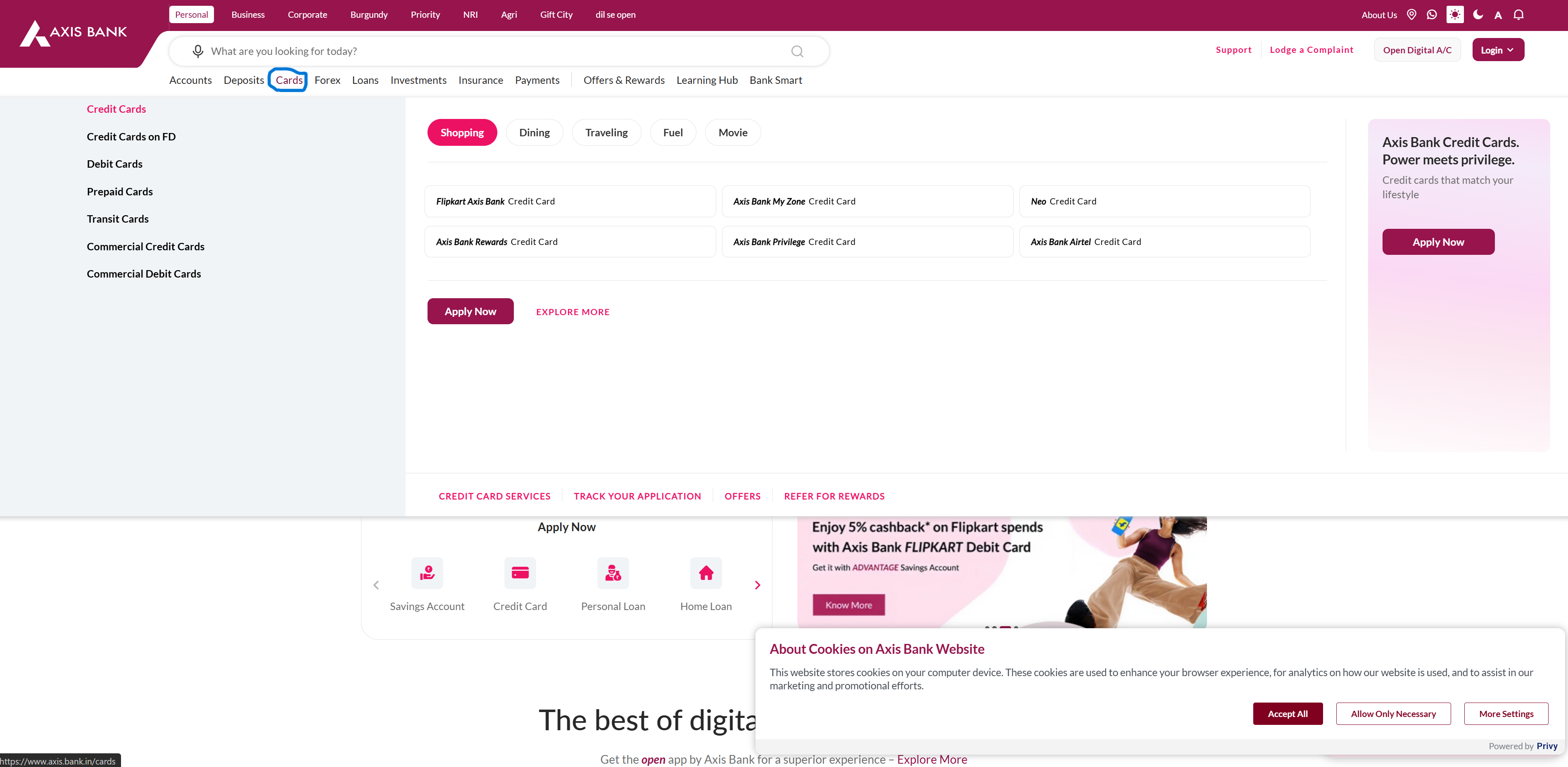 User clicked on Cards navigation menu